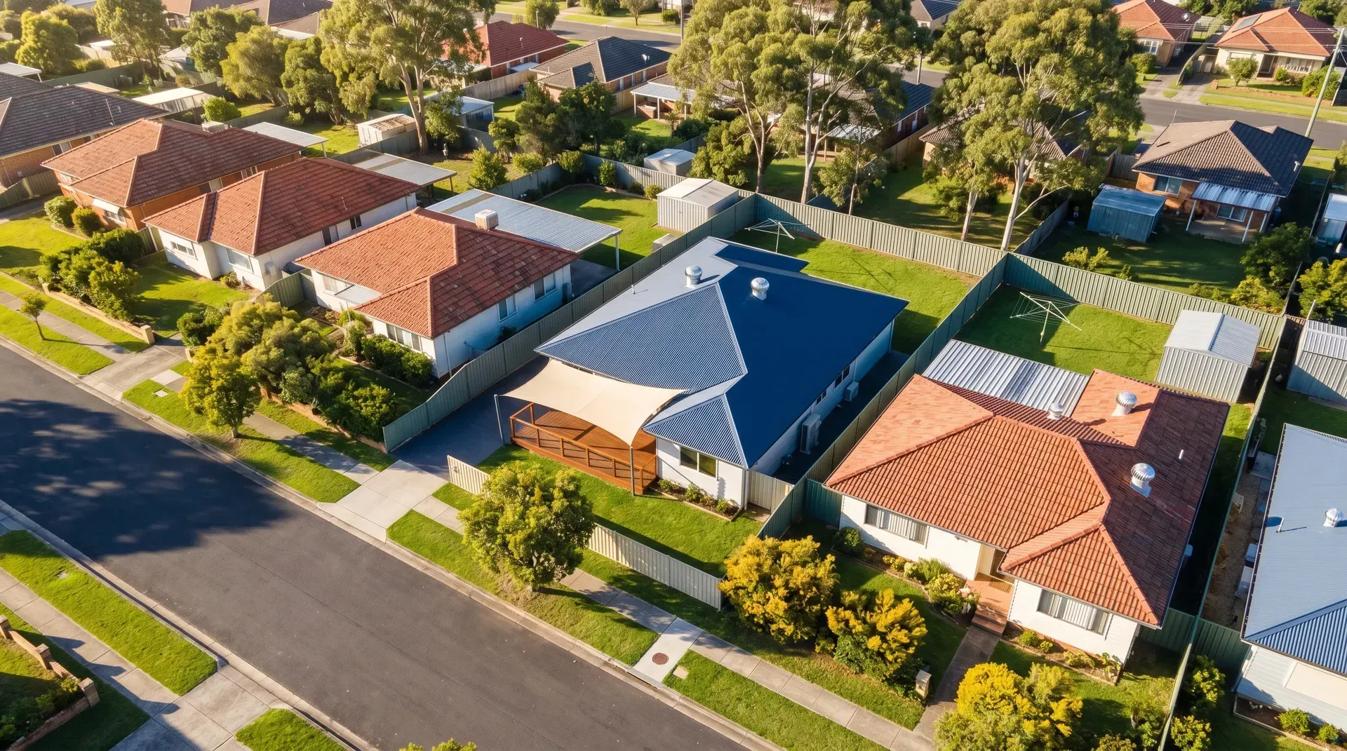 Aerial view of Jesmond residential rooftops with established gum trees and quiet streets
